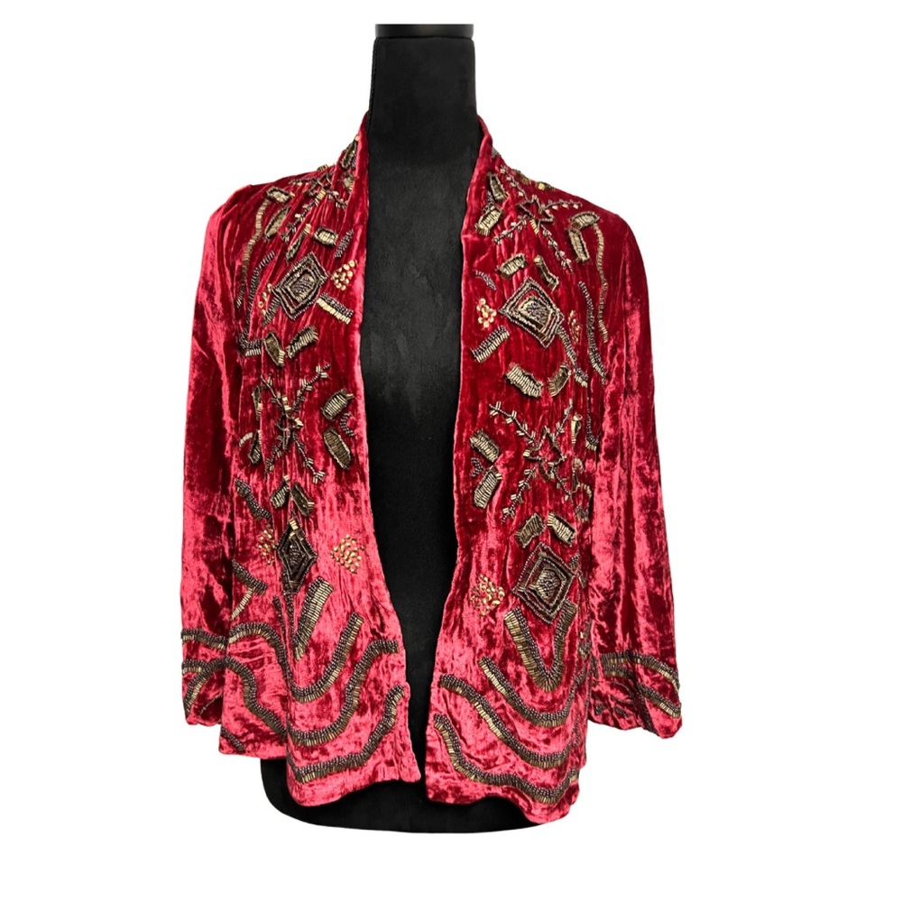 Lucky Brand Velvet Beaded Blazer Jacket Burgundy